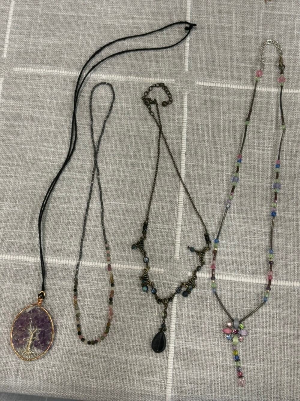 Lot of 4 Boho Necklaces Purple Tree Pendant Beaded Floral Drop Costume Jewelry